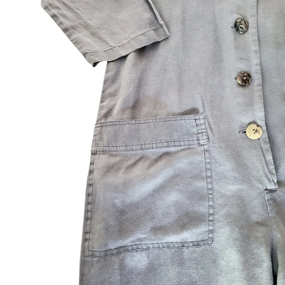🔥ZARA Lillian Gray Linen ¾ Sleeve Button Front Vneck Lagenlook‎ Jumpsuit SZ S/M
